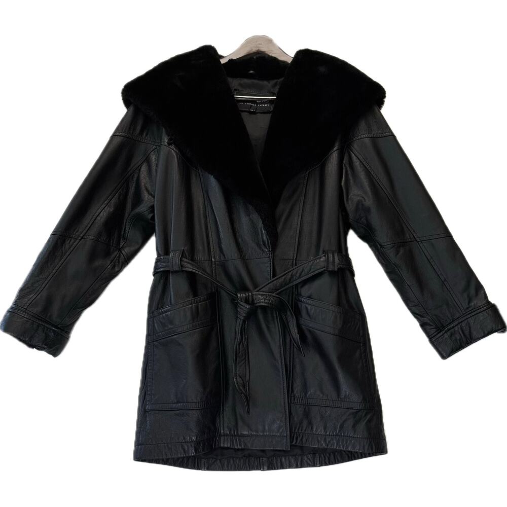 WILSONS The Leather Experts Belted Leather Coat Woman's Size M Black Faux Fur